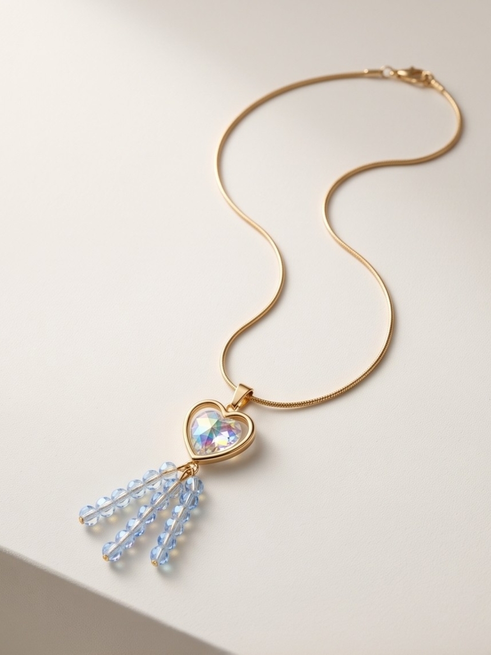 Gold Heart Pendant Necklace with Iridescent Crystal and Blue Bead Tassels